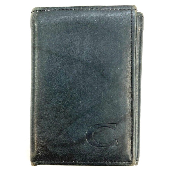 Mens Wallet Black Top Grain Cowhide Trifold Initial Letter "C" Embossed Billfold - Picture 1 of 10